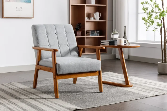 Leisure Chair With Solid Wood Armrest And Feet, Mid Century Modern Accent Chair, For Living Room Bedroom Studio Chair Light Gray Linen