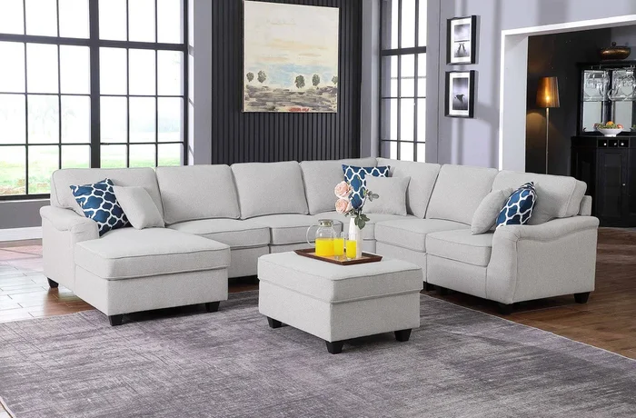 Leo 125″ Light Gray Linen 7Pc Modular L Shape Sectional Sofa Chaise And Ottoman Light Gray Linen