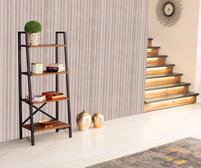 Leon 5 Tier Modern Ladder Bookshelf Organizers, Metal Frame Bookshelf For Small Spaces In Your Living Rooms, Office Furniture Bookcase, Walnut Walnut Solid Wood