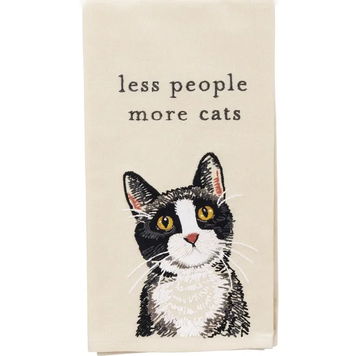 Less People More Cats Embroidered Tea Towel