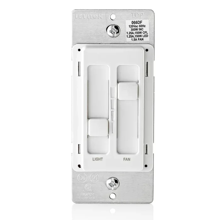 Leviton SureSlide 1.5 Amp Fan 120-Volt Dual Quiet Fan and Light Control for 150-Watt LED, 300-Watt Incandescent/Halogen, White