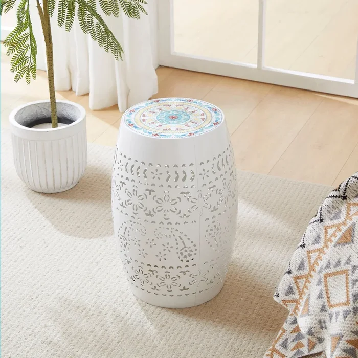 Lilac 12″ Side Table White White Ceramic Tile Iron