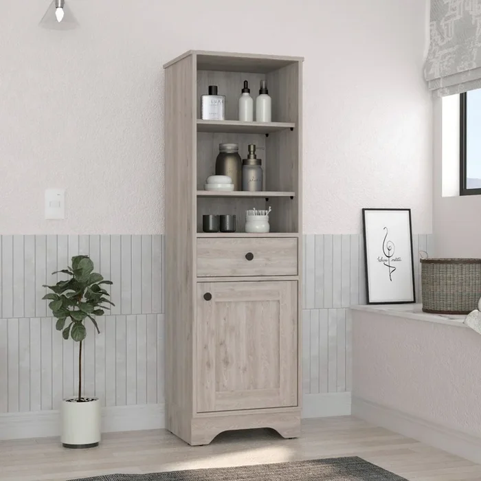 Linen Single Door Cabinet 55″ H, Three External Shelves, One Drawer, Two Interior Shelves, Light Gray Gray Particle Board Particle Board