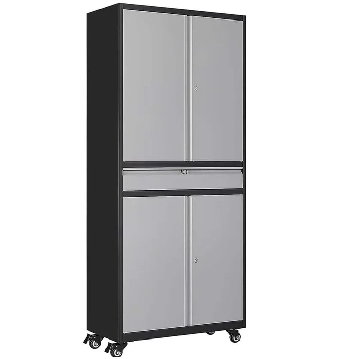 LISSIMO 31.5″ W x 72.8″ H x 15.7″ D Adjustable 2-Shelf Steel Freestanding Cabinet with 1 Drawer on Wheel in Black and Grey