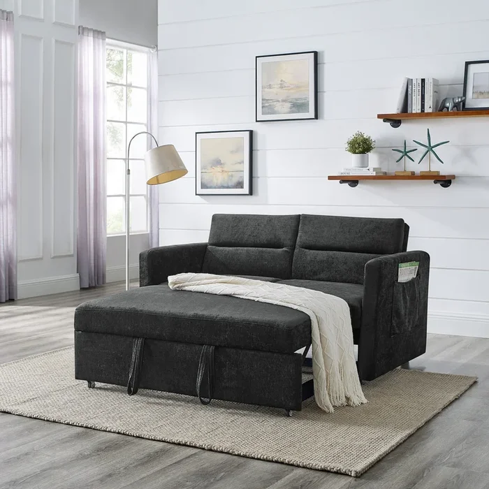 Loveseats Sofa Bed With Pull Out Bed,Adjsutable Back And Two Arm Pocket,Black 54.5″X33″X31.5″ Black Chenille
