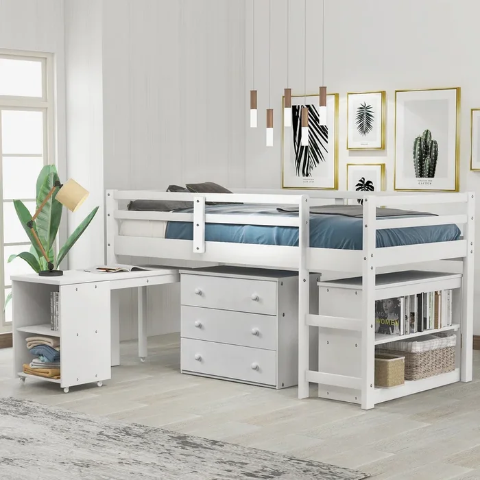Low Study Twin Loft Bed With Cabinet And Rolling Portable Desk White Old Sku :Lp000113Aak White Solid Wood
