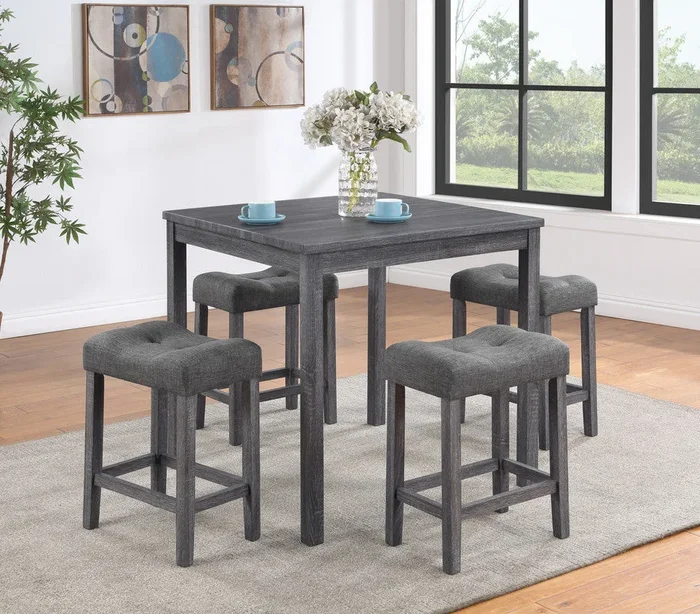 Lucian Gray 5 Piece Counter Height 36″ Pub Table Set with Tufted Gray Linen Stools