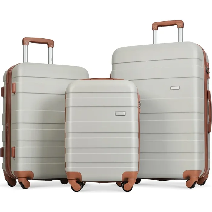 Luggage Sets New Model Expandable ABS Hardshell 3pcs Clearance Luggage Hardside Lightweight Durable Suitcase sets Spinner Wheels Suitcase with TSA Lock 20″24″28″(Light Grey and Brown)