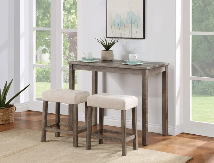 Lux Brown 3 Piece Counter Height 36″ Pub Table Set with Tufted Creamy White Linen Stools