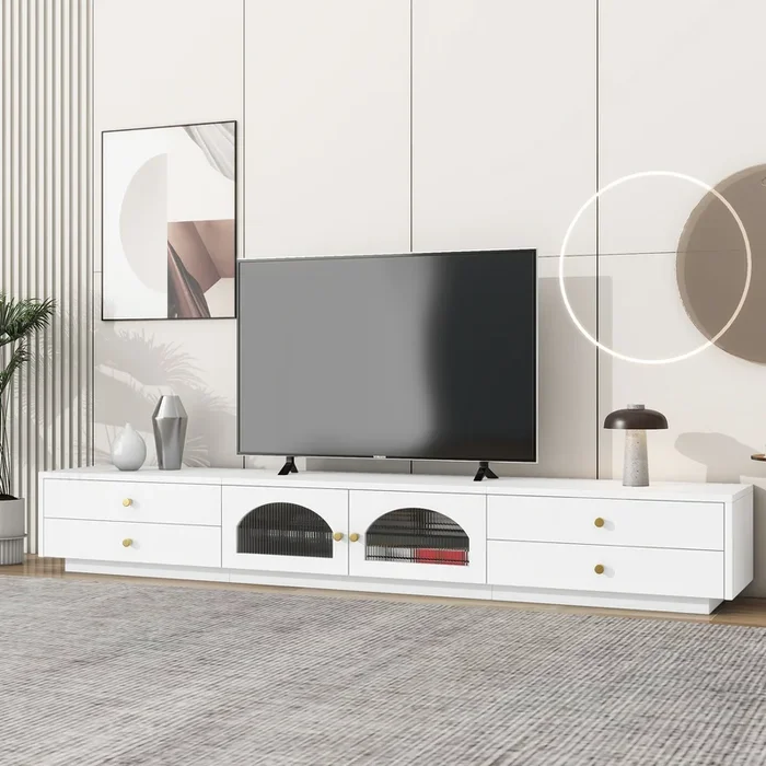 Luxurious Tv Stand With Fluted Glass Doors, Elegant And Functional Media Console For Tvs Up To 95”, Tempered Glass Shelf Tv Cabinet With Multiple Storage Options, White White Primary Living Space 90 Inches Or Larger Particle Board