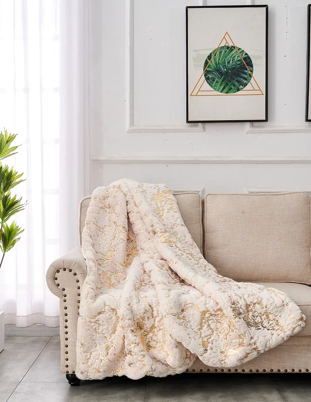 Luxury Chinchilla Faux Fur Gilded Beige Throw Blanket 60″ X 80″ Beige Gold Polyester
