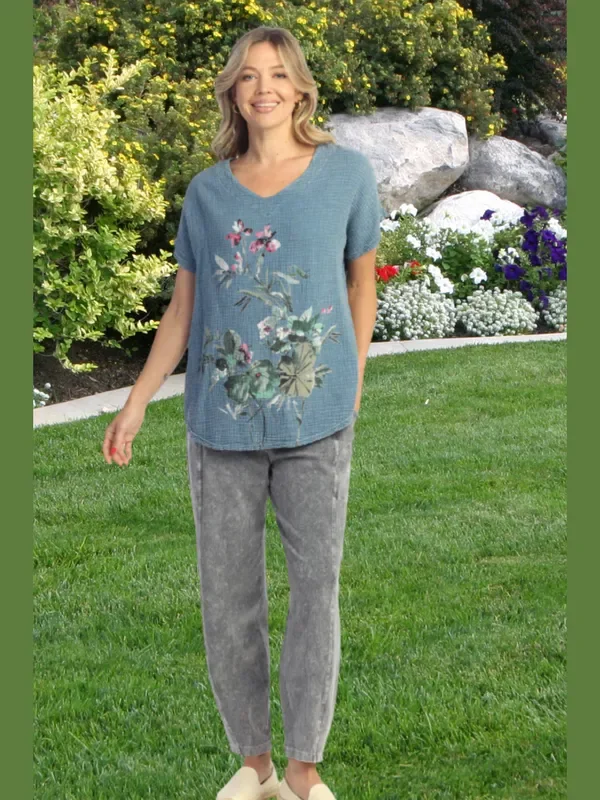 M104-2095 Riena Blue Floral Double Gauze Short Sleeve Women’s Top
