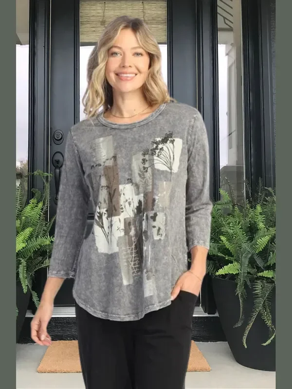 M106-2026 Midnight Grey 3/4 Sleeve with Flowers – Women’s Top