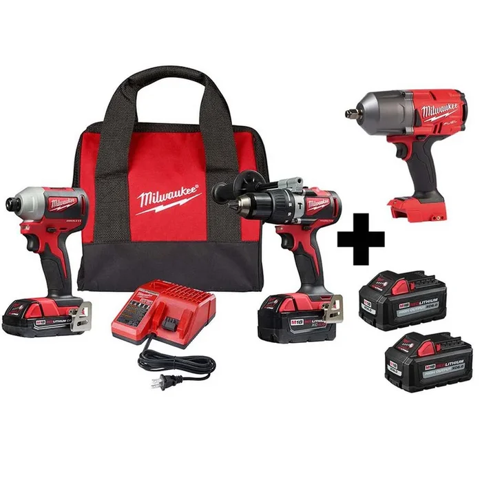 M18 18-Volt Lithium-Ion Brushless Cordless Hammer Drill/Impact/ 1/2 in. Impact Wrench Combo Kit (3-Tool) w/ 4-Batteries