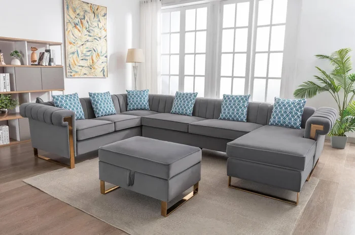 Maddie 130.5″ Gray Velvet 7 Seater Sectional Sofa With Reversible Chaise And Storage Ottoman Gray Velvet