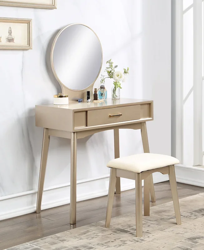 Maly Contemporary Wood Vanity and Stool Set, Gold