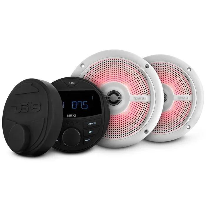Marine and Powersports Headunit and 6.5″ Marine Speaker Package (MRX1 and 2 X NXL-6SL/WH) – White