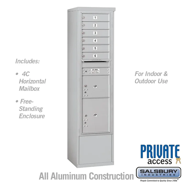 Maximum Height Free-Standing 4C Horizontal Mailbox with 6 Doors and 2 Parcel Lockers in Aluminum with Private Access
