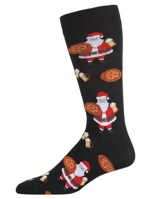 Men’s Sock Black Christmas Santa With Pizza & Beer Bamboo Crew 10-13 Acv05799