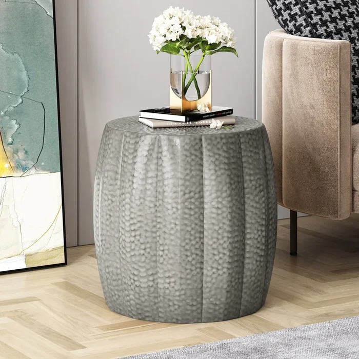 Metal Drum End Table Antique Silver Iron