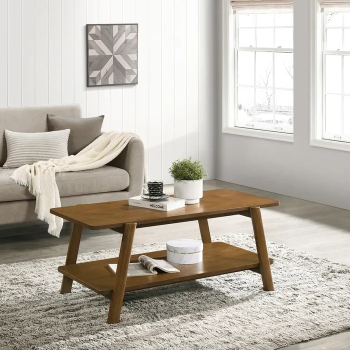 Metz Mid Century Modern Wood Shelf Coffee Table, Walnut Finish Walnut Brown Primary Living Space Mid Century Modern Rubberwood Shelves Coffee & End Tables Rectangular Rubberwood Mdf