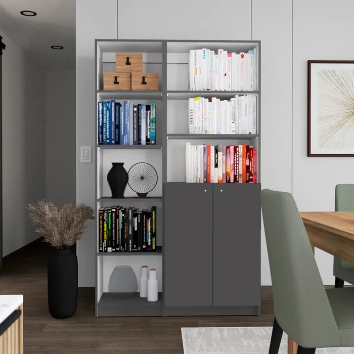 Micco 2 Piece 2 Piece Home Bookcase Set, 42″ Wide With 8 Shelves And Double Door Cabinet, Living Room Set Matte Gray White Freestanding 5 Or More Shelves Multicolor Modern Particle Board