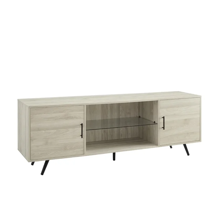 Mid Century Modern 2 Door 70″ Tv Stand For 80″ Tvs With Glass Shelf Birch Light Brown Mdf