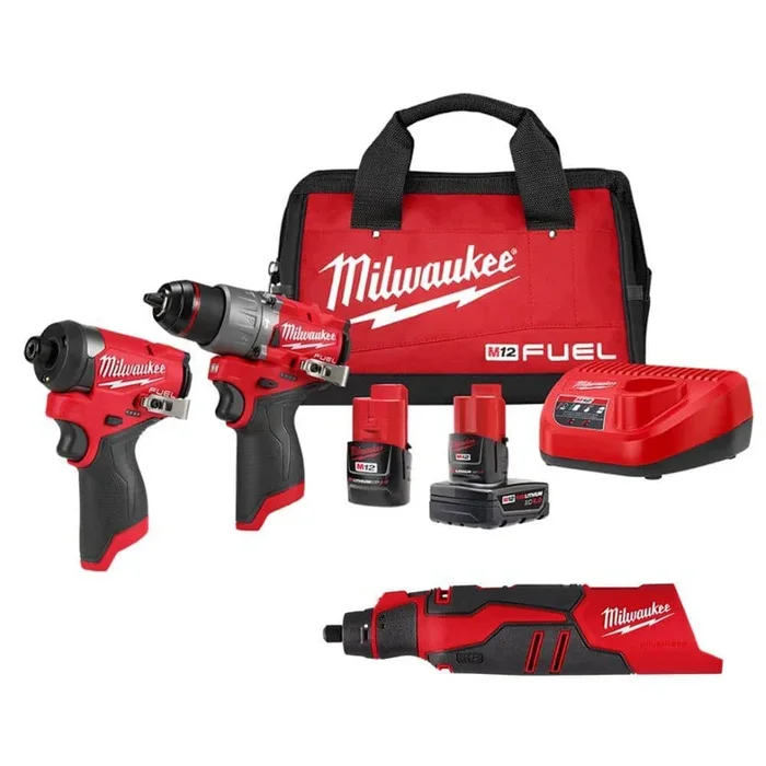 Milwaukee M12 12V Lithium-Ion Cordless Brushless Rotary Tool with M12 Hammer Drill and Impact Driver Combo Kit