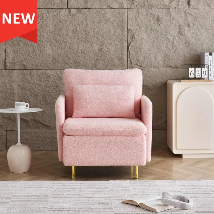 Modern Accent Chair, Sherpa Upholstered Cozy Comfy Armchair, Furry Reading Chair With Slim Armrest, Fuzzy Single Club Sofa Chairs For Living Room Bedroom Waiting Room Office Ivory Pink Foam Solid Wood
