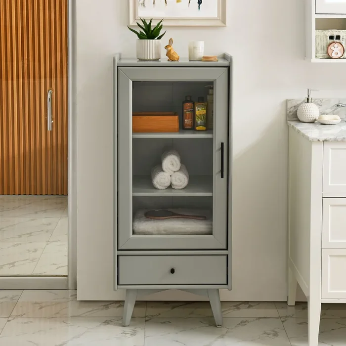 Modern Bathroom Storage Cabinet & Floor Standing cabinet with Glass Door with Double Adjustable Shelves and One Drawer, Extra Storage Space on Top, Gray (19.75″x13.75″x46″)
