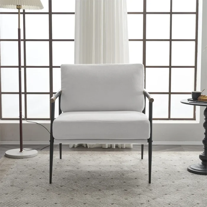 Modern Chic Accent Chair with Metal Frame, Upholstered Chenille Living Room Chair with Removable Seat and Back Cushion, Comfy Reading Chair for Bedroom, White