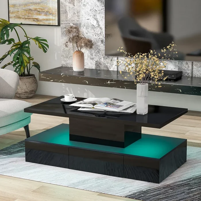Modern Glossy Coffee Table With Drawer, 2-Tier Rectangle Center Table with Plug-in 16 colors LED lighting for Living room, 39.3″ x19.6″ x15.3″