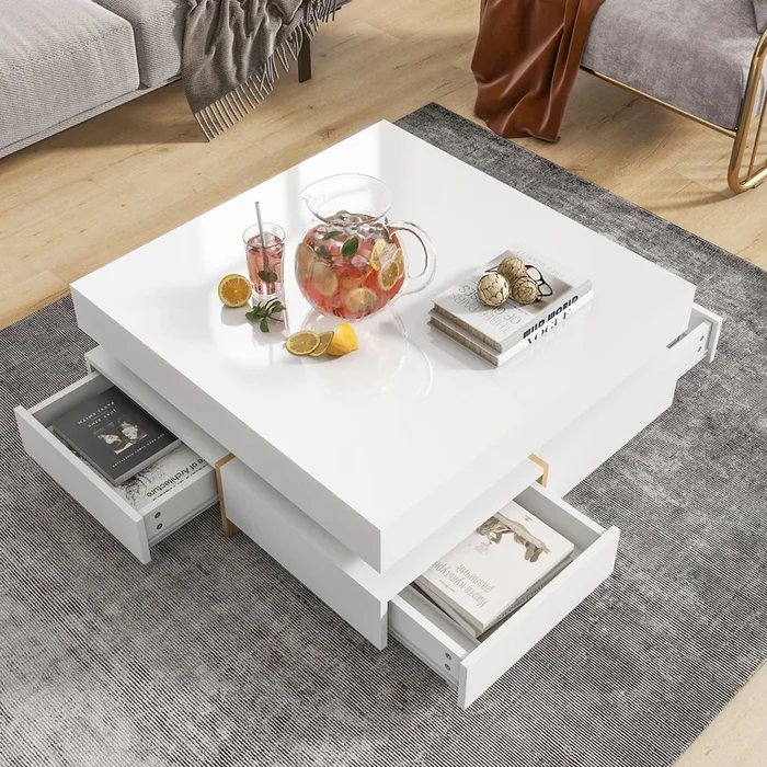 Modern High Gloss Coffee Table With 4 Drawers, Multi Storage Square Cocktail Tea Table With Wood Grain Legs, Center Table For Living Room, 31.5”X31.5”, White White Primary Living Space Drawers Particle Board