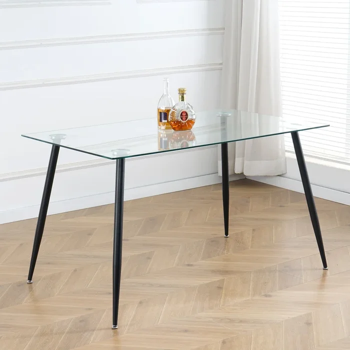 Modern Kitchen Glass Dining Table 51″ Rectangular Tempered Glass Table Top,Clear Dining Table Metal Legs, Black Legs Black Rectangular Glass
