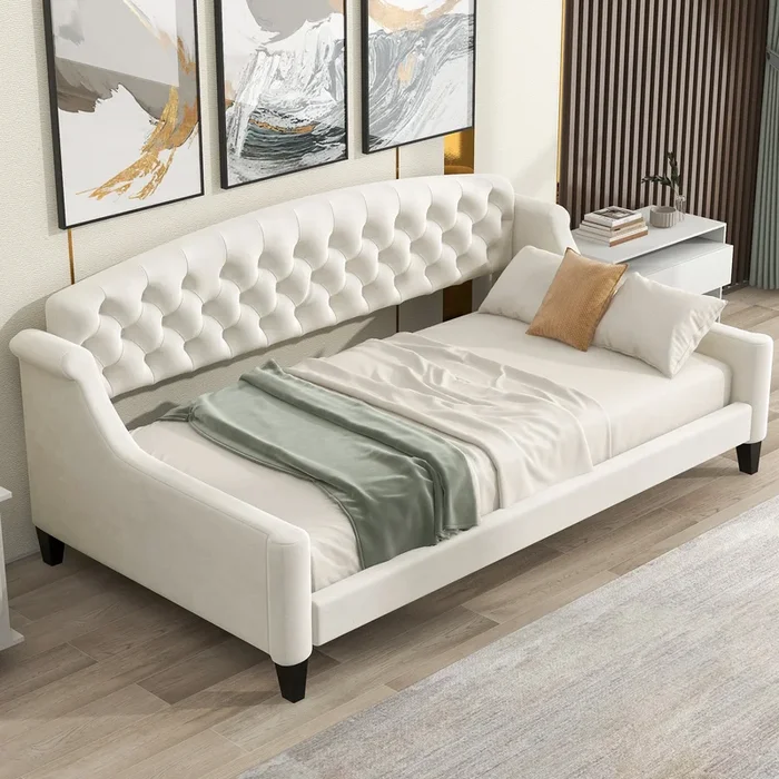 Modern Luxury Tufted Button Daybed,Twin,Beige Box Spring Not Required Twin Beige Wood Velvet Upholstered