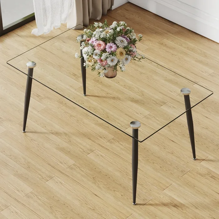 Modern Minimalist Rectangular Transparent Tempered Glass Dining Table, 0.4 Inches Thick, Black Metal Legs, Suitable For Kitchen, Dining Room, And Living Room 63 “* 35.4″ * 30 ” Dt 1544 Transparent Glass