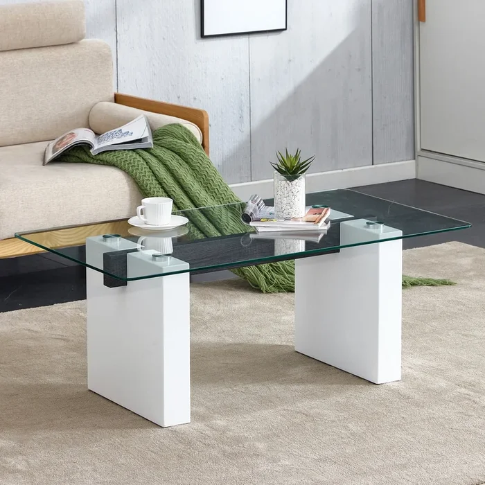 Modern minimalist transparent tempered glass coffee table, paired with white MDF decorative columns. Computer desk. Game table. CT-1546