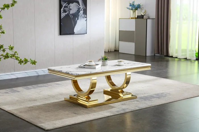 Modern Rectangular White Marble Coffee Table, 0.71″ Thick Marble Top, U-Shape Stainless Steel Base with Gold Mirrored Finish