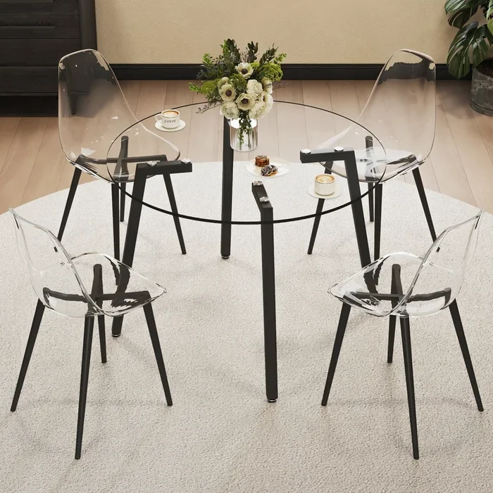 Modern simple style round transparent tempered glass table, black metal legs, 4-piece set of modern minimalist transparent dining chairs with black metal legs