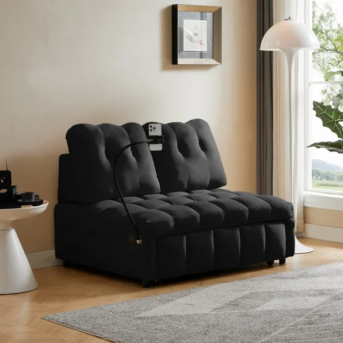 Modern Sofa Velvet Pull Out Bed,Independently Removable Backrest, Have Usb Port And Swivel Phone Stand ,Black Black Wood Velvet 2 Seat