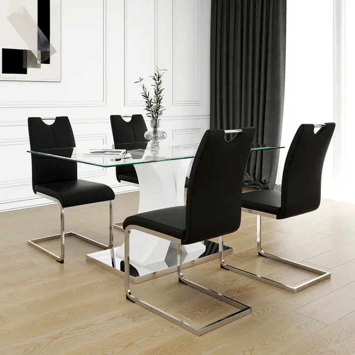 Modern style glass table, elegant transparent design, durable support base, Black dining chair set, electroplated chair legs, suitable for restaurant kitchens(set of 5)