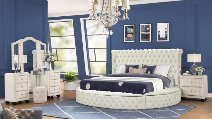 Modern Style King 4Pc Vanity Bedroom Set With Usb Ports & Made With Wood In Cream Box Spring Not Required King Cream Wood 4 Piece Set Bedroom Modern Solid Wood Mdf Tufted Velvet Wood