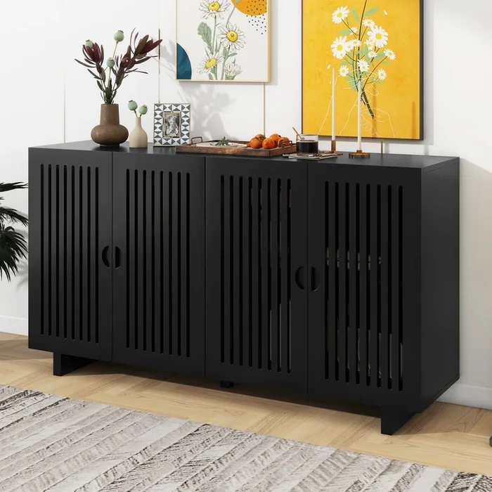 Modern Style Sideboard with Superior Storage Space, Hollow Door Design and 2 Adjustable Shelves for Living Room and Dining Room (Black)