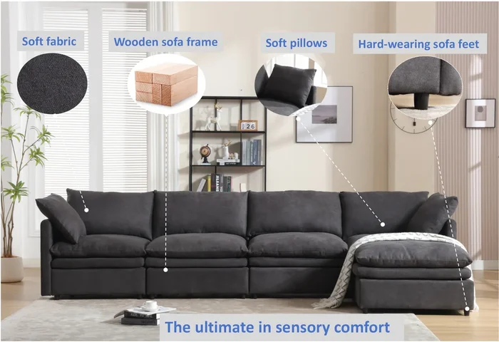 Modern U Shaped Sectional Sofa ,5 Seat Upholstered Sofa Furniture,Sleeper Sofa Couch With Chaise Lounge For Living Room,Apartment,Dark Gray,Polyester Dark Gray Polyester Wood Primary Living Space Medium Soft Cushion Back Modern Pillow Top Arms Polyester