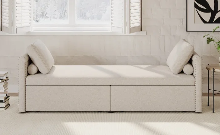 Modern Upholstered Chaise Lounger Daybed Small Single Daybed With 2 Drawers, No Mattress Needed, Perfect For Living Rooms & Home Office, Linen Fabric, Beige Beige Linen