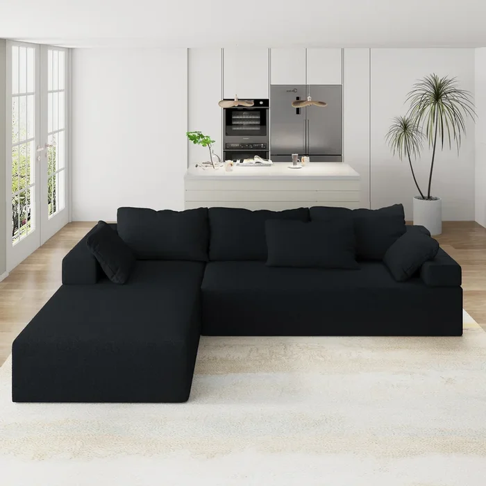 Modern Upholstered Sectional Sofa Couch Set,Modular 108″ L Shaped Sectional Living Room Sofa Set With 6 Pillows,Free Combination Sofa Couch For Living Room,Bedroom Left Chaise Black Foam Chenille 3 Seat