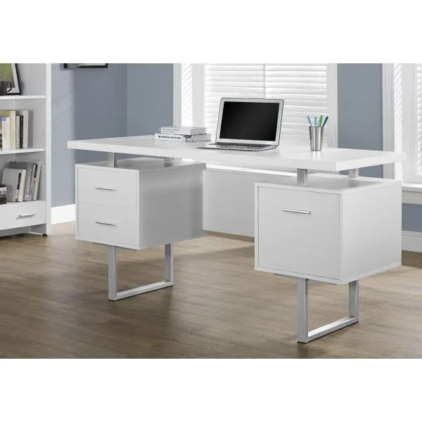Modern White Laminate Computer Desk with Storage Drawers and Grey Metal Legs