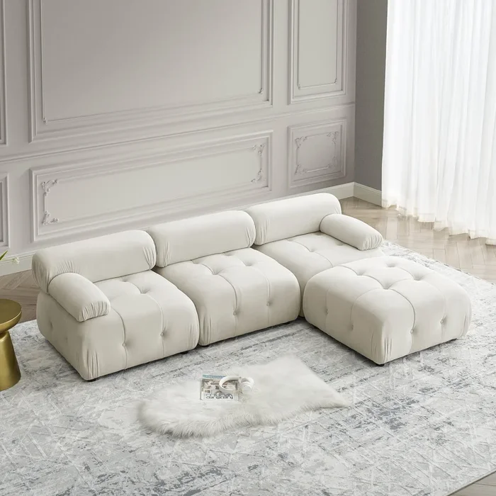 Modular Sectional Sofa, Button Tufted Designed and DIY Combination, L Shaped Couch with Reversible Ottoman, Beige Velvet