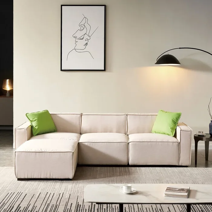 Modular Sofa L Shape with Convertible Ottoman Chaise (Beige)