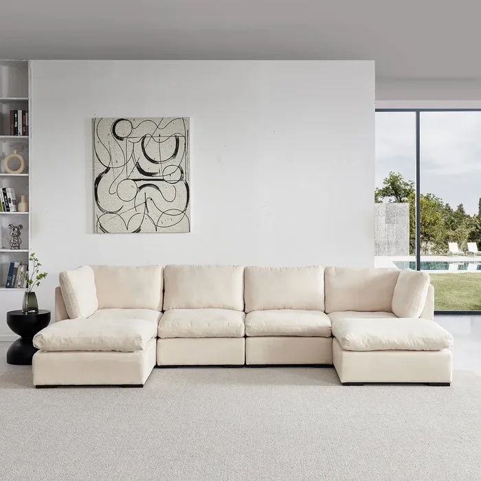 Modular Sofa with Ottoman,Filled with Down, Soft Linen Fabric,Beige